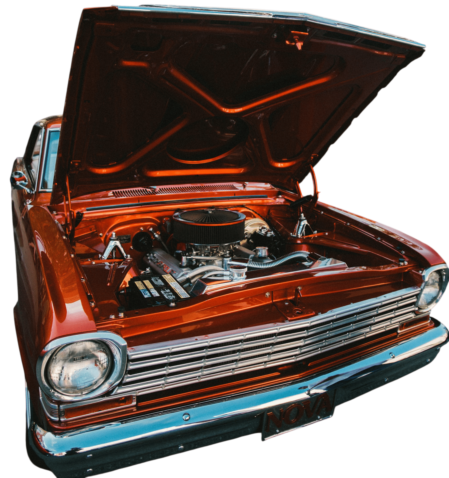Chevrolet Nova restaurée, moteur ouvert chez johan-prades-garage spécialiste voiture classique dans le tarn