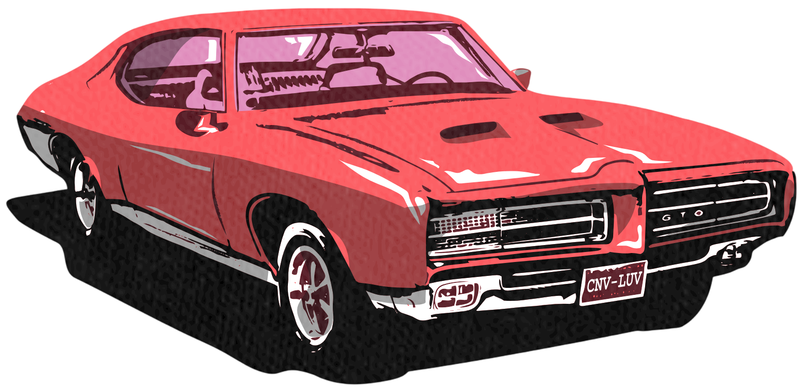 Voiture rétro rouge type Pontiac GTO illustrée style BD pour johan-prades-garage à tarn