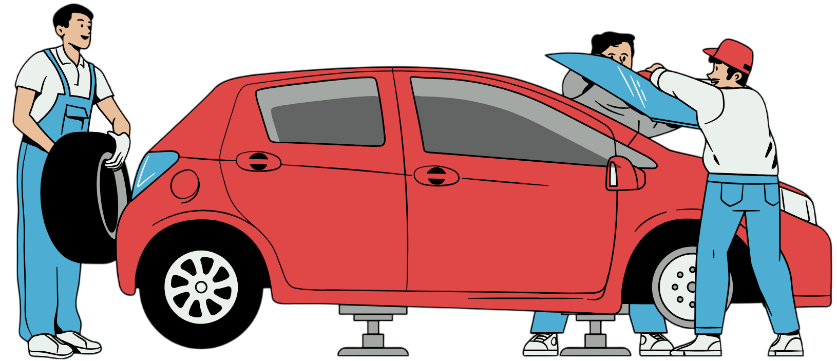 mécaniciens réparent une voiture rouge chez johan-prades-garage dans le tarn